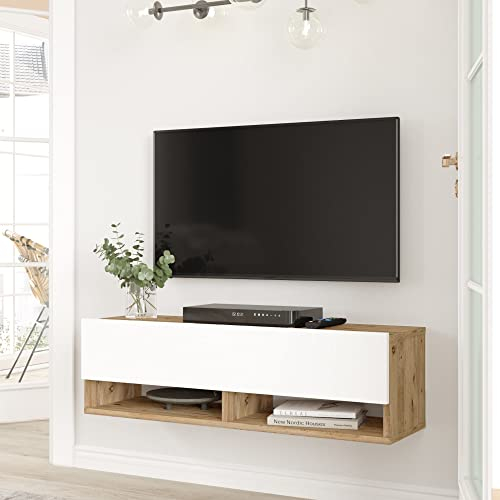 Meuble TV à Porte Meuble de Rangement Design pour Salon avec 2 Espaces de Stockage Panneau de Particules Mélaminé 30 x 100 x 32 cm Effet Chêne Rustique Blanc
