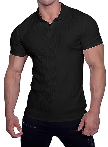 Muscle Cmdr Hommes Coupe Ajustée Muscle Polos Manches Courtes Stretch Séchage Rapide t-Shirt décontracté Golf athlétique T-Shirts (Noir XL)
