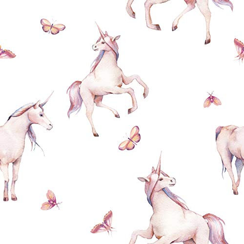 wandmotiv24 Fototapete Kinderzimmer Schmetterlinge Einhorn, 400 x 280 cm - selbstklebende Strukturtapete, Wanddeko, Wandbild, Wandtapete, Muster Aquarell Rosa M5791