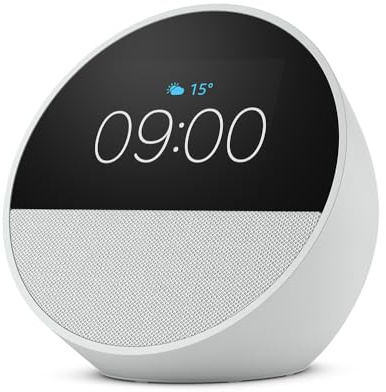 Certified Refurbished Echo Spot (2024 release), Smart alarm clock with vibrant sound + Alexa, Glacier White