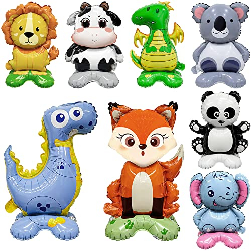 OSDUE Folienballon Waldtiere, 8 Stück Luftballons Tiere, Tierkopf Riesenballon, Kinder Geburtstag Party Deko Elefant, Panda, Koala, Kuh, Löwe, Stegosaurus, Flugsaurier, Fuchs