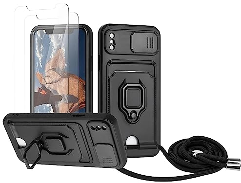 Zallagre Handykette Hülle kompatibel mit iPhone XS Max.[2 Stück] Schutzfolie Glas,Kameraschutz,360 Grad Ringhalter Stand,Kartenfach,Silikon hülle-Schwarz
