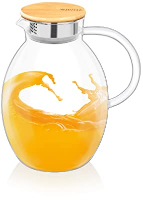 Wilmax | Glaskaraffe mit Bambusdeckel | 2400ml | Karaffe für Heiß- oder Kaltgetränke | Wasserkaraffe aus Borosilikatglas | Glaskrug für Tee, Saft, Milch | Glaskanne | Wasserkrug