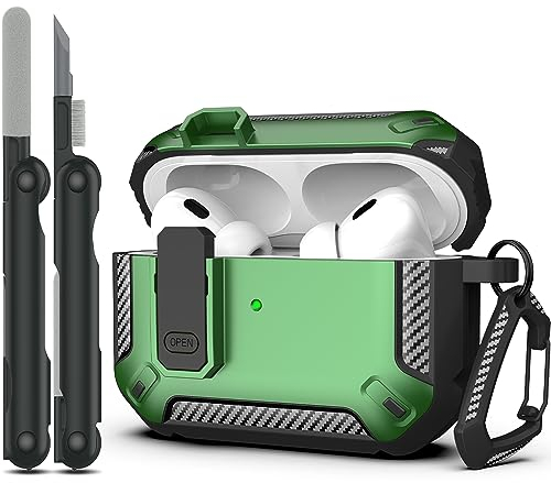 RFUNGUANGO Funda para AirPods Pro de 2ª generación(2023/2022/2019) con Kit de Limpieza, Armadura Protectora rígida Militar con Bloqueo para AirPod Gen 2,Verde