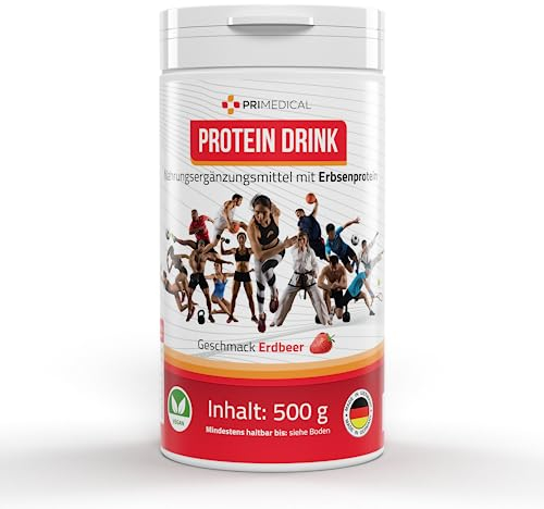PROTEINDRINK SHAKE vegan mit Aminosäuren, auf Erbsenprotein Basis, angenehmer Erdbeergeschmack Primedical 1 x 500g