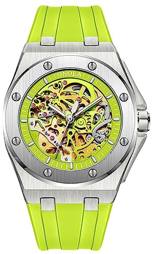 RORIOS Montre Unisexe Sport Montre Automatique Mécanique Montre de Poignet Mode Lumineuse Montre Homme Étanche Squelette Regarder avec Bracelet en Silicone