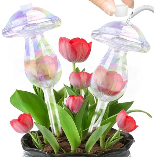 E-feilai - Glas-Bewässerungsspieß, Bunte Bewässerungskugeln für Pflanzen, Selbstbewässernde Glühbirnen für Zimmerpflanzen, Garten und Balkon (4 bunte pilze- C)