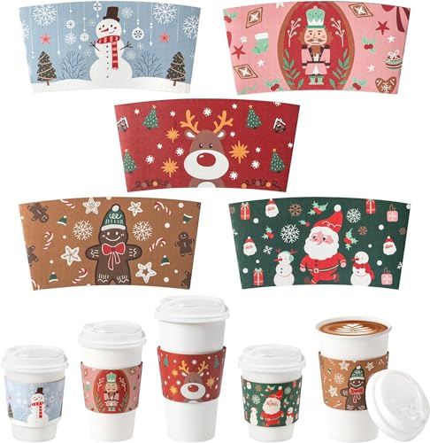 FMP Brands 50 Pack Christmas Paper Coffee Cup Sleeves, Disposable Holiday Coffee Sleeves fit 12oz, 16oz, 20oz, 24oz Disposable Coffee Cups, Hand Protection for Hot and Cold Drinks