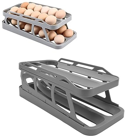 Eierhalter für Kühlschrank, 2 stufiger Rollender Eierspender, Automatisch Rollender Eieraufbewahrungsbehälter, Platzsparende Eierablage für Kühlschrank Arbeitsplattenschrank (Grau)