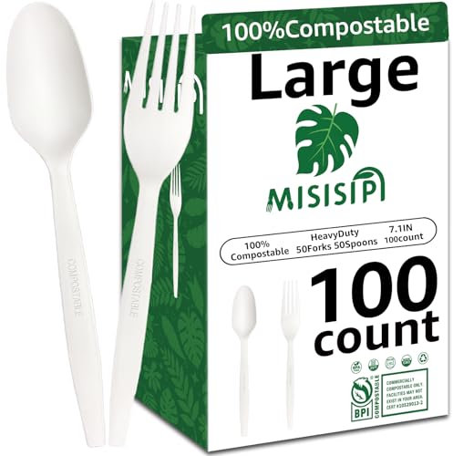 MISISIPI Lot de 100 fourchettes et cuillères 100 % compostables - Fourchettes et cuillères biodégradables - Sans plastique - Respectueux de l'environnement - Couverts jetables et lourds
