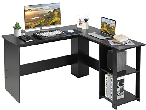 COSTWAY L-Shaped Computer Desk, Modern Large Corner Desk Writing Study Table with Storage Shelves and 2 Cable Management Holes, 130cm Wooden PC Laptop Gaming Workstation for Home Office