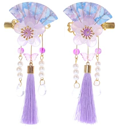 Kawaii-Story C-118-1 Violet Forme d'éventail Sakura Fleur de Cerisier Pompon Pince à Cheveux Japon Geisha Kimono Chine Hanfu Accessoire