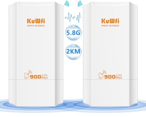 KuWFi Ponte Wireless Esterno, 5.8G Wireless Bridge 900Mmbps, 12dBi antenna wifi lunga distanza con display a LED, Soluzione di Trasmissione 2KM, Accesso Point wifi per telecamera/Starlink Router