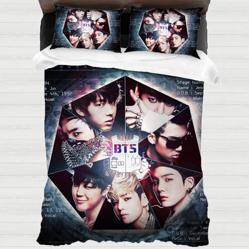 XYOK BTS Kinder Bettwäsche K-Pop Bettbezüge Mikrofaser Bettwäsche Sets Kissenbezug Schlafzimmer dekorative 3-teilig Mädchen Geschenke (Kpop, 135x200cm)