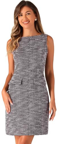 Allegra K Mini Robe en Tweed pour Femmes sans Manches avec Poches Col Rond Mini Robe Trapèze Robe Vintage à Carreaux Noir L