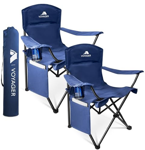 Voyager Folding Camping Chair 2-Pack, Lightweight with Pocket and Drinks Holder, Holds up to 120kg Each, Easy to Transport, Foldable Outdoor Chair Set - Navy
