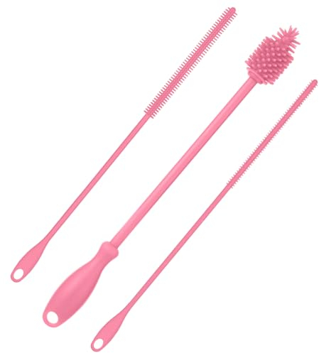 3pcs Straw Cleaner and Bottle Brush for Cleaning, Hanging Straw Brush Silicone BPA-Free Long Bottle Cleaning Brush Reusable Bottle Washing Accessories for Jars Tumblers (Pink)