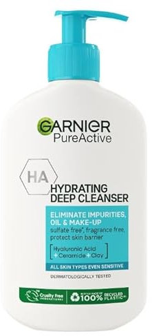 Garnier Pure Active Facial Cleansing, Removes Impurities, Oil and Make-up, with Hyaluronic Acid, Ceramide and Clay, Hydrating Deep Cleanser, 1 x 250 ml