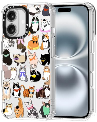 MOSNOVO Case for iPhone 16, [Buffertech 6.6ft Military-Grade Drop Protection] [Anti Peel Off Tech] Clear TPU Bumper Phone Case Cover Design - Cute Cats