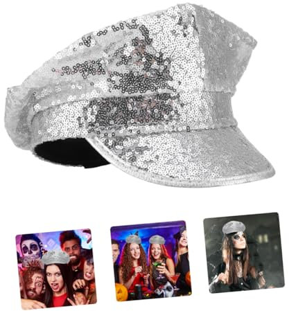 LIFKOME Paillettenhut Schirmmütze mit Großer Krempe Silber Stoff 1 Stück Performance Hut für Damen Bühne Cosplay Festival Rollenspiel Kreative Kopfbedeckung