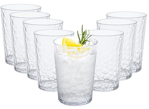 bzyoo ChillCraft - Juego de vasos de 473 ml, plástico duradero de grado alimenticio sin BPA, juego de 8, transparente con diseño de vidrio martillado, ideal para agua, jugo, limonada, té helado, uso