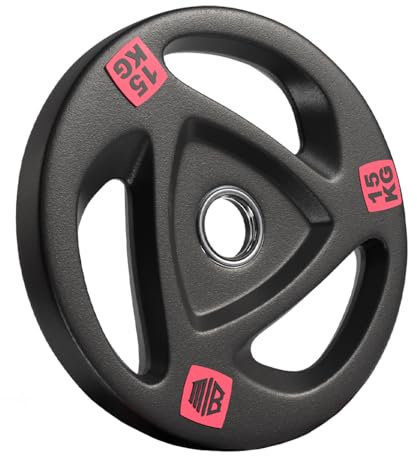ManiBoom Discos Pesas Hierro ENGOMADO 30mm y 50mm Olimpica con Anillo Interior de Acero y Triple Agarre ERGONOMICO - Disco para Barra o Mancuernas 2,5kg, 5kg, 10kg, 15kg, 20kg (Ø50MM - 1 x 15KG)