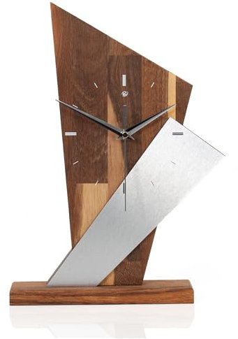 Kreative Feder Designer-Standuhr „Brown Square“ aus Massivholz – Tischuhr in modernem Metallic-Look ohne Ticken (leises Quarzuhrwerk, Eiche geräuchert)