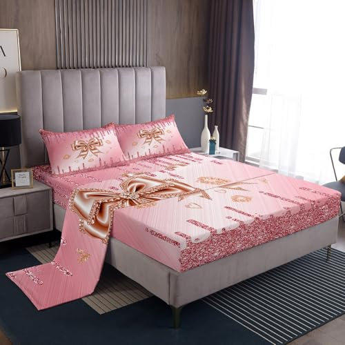 Feelyou Pinkes Schleifen-Bettwäsche-Set, volle Größe, Glitzer-Druck (kein Glitzer, mit tiefer Tasche, Spannbetttuch für Jungen, Teenager, verträumter Prinzessinnen-Stil, niedliche Schleife,