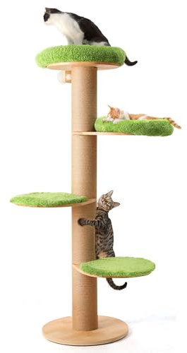 FUKUMARU Árbol rascador de 5 Niveles con Cama de Felpa, Torre Multifuncional para Montar en Ventana o Pared, Columna rascadora de 14 cm, Ideal para Dormir, rascar y observar, Verde.