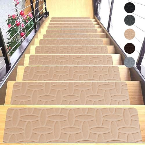 Hearda Pisadas Antideslizantes para Escalones de Madera, Piedra Jacquard Alfombra Vinilica da 15 Piezas, Alfombra Escaleras Lavable Antideslizante, para Escaleras Giratorias (Camel,15 pc)