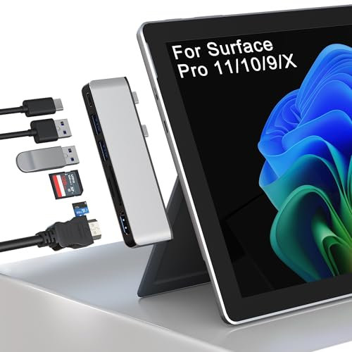 Surface Pro 11/10/9 Hub Docking Station con 4K HDMI, USB-C Thunderbolt 4 (Display+Data+100W PD), 2 USB 3.0, lettore di schede SD TF, porta audio da 3,5 mm, accessori per Surface Pro 11/Pro 10/Pro