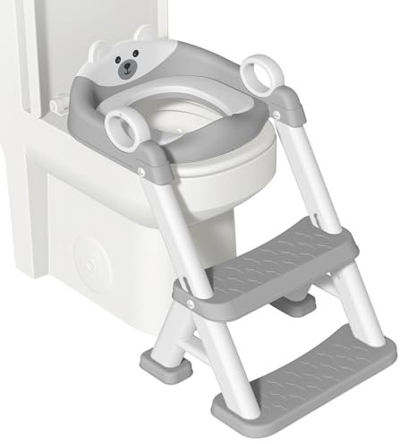 Potty Training Toilet Seat, 2 in 1 Potty Training Seat Adjustable Toddlers Potty Toilet Trainer with Steps Non Slip Handle & Soft Cushion Foldable Travel Toddler Toilet Seat for Kids Boys Girls, Grey