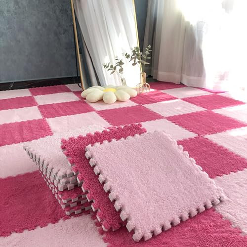 Kanduo Plüsch-Schaumstoff-Fußmatten Ineinandergreifende Schaumstoff-Spleiß-Bodenmatten, 10 Stück, weiche, zottelige Teppichfliesen, Fitness-Spielteppiche Rutschfester Teppich(Rose Red+Pink)