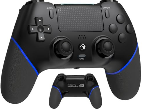 RUEIURI P-S4 Wireless Controller, Compatible with P-S4/Slim/Pro, Bluetooth, Dual Vibration, Turbo, Six-Axis, Touchpad, Stereo Headset Jack, Black (Black+blue)