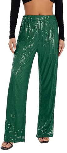 Glitzer Hose Damen Paillettenhose High Waist Weite Bein Hose Elegante Glitzerhose für Party Disco Kostüm Festival Glänzende Schlaghose 70er 80er Style Clubwear Rave Outfit (Grün, M)