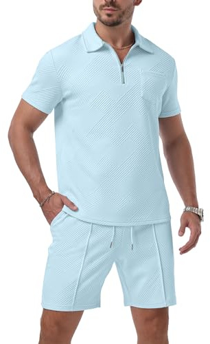 QIXING Mens Shorts and T shirt Sets Polo Colloar Mens Summer 2 Piece Holiday Clothes Co ord Shorts Set with half Zip Tracksuit
