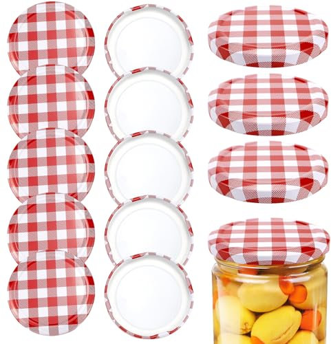ZJIVQO 40pcs Gingham Jam Lids, Replacement lids for Jam Jars, Red Chequered Screw lids, Regular Mouth Canning Caps, for Food Storage Preserving Leak Proof - 63mm