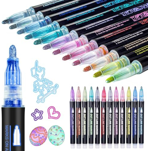 KRISFD 12 Farben Glitzerstifte Magische Stifte 2 Sets Outline Stifte Magische Stifte Supplies Paint Marker für Kunststoff Glas Holz Keramik Metallic Zauberstifte für Scrapbooking Glasstift Lackstifte
