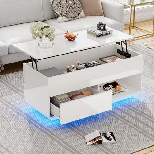 LAKFEW Couchtisch Höhenverstellbar Wohnzimmertisch mit LED-Beleuchtung, Beistelltisch mit Versteckter Aufbewahrung, Schubladen und Offenem Stauraum, Tisch Wohnzimmer Sofatisch, 100x50x55 cm, Weiß