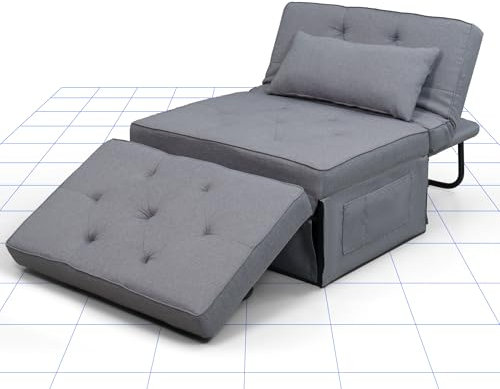 FLEXISPOT Folding Sofa Bed, 4-in-1 Convertible Sleeper Sofa Chair with 6 Position Adjustable Backrest and Pillow for Living Room, Load Capacity 300 KG, Grey