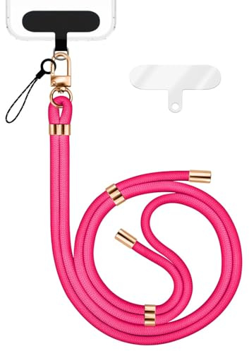 NALIA HoldMe Universal Handykette für Smartphone & Handyhüllen, Nylon-Seil Verstellbar & Abnehmbar, Umhänge-Band, Handyband, Lanyard mit Karabiner (gold) & 2 Patches, Farbe:Neon Pink