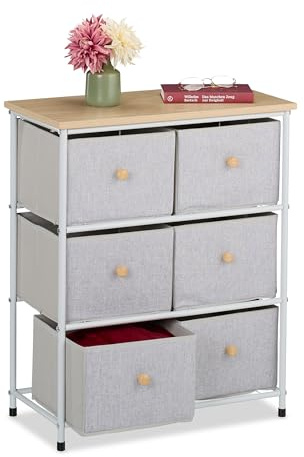 Relaxdays Chest of Drawers, 6 Fabric Compartments, Hallway & Bedroom, 73x60x32 cm, Dresser, Metal, Light Grey/Natural