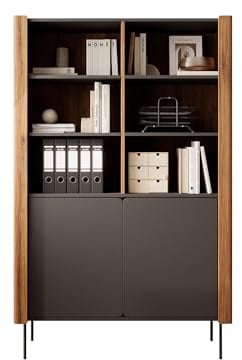 Mirjan24 Standregal Wiseri KR105, Bücherregal mit 6 Fächern und 2 Türen, Regal mit grifflosem Öffnungssystem, Aktenschrank, Universalschrank (Nuss Warmia/Schwarz)
