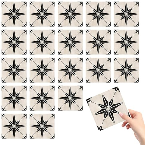 20 Pcs Tile Stickers, Black and White Tile Sticker, Stars Stick on Tiles, 15 * 15CM Peel and Stick Backsplash Tiles, Vinyl Self Adhesive Wall, for Walls Panel & Cooker Splashback (Waterproof)