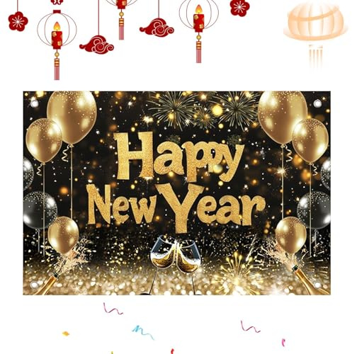 Birtern Neujahrs-Hintergrund, 2D-Druck, goldene Luftballons, Wandschild, 99,1 x 149,9 cm, Happy New Year-Schild 2026, für Fotografie, Urlaub, Party, Studio-Fotografie, Requisiten, Terrasse