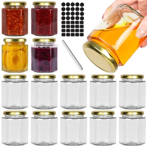 CulnCraz 15 Pack 180 ml Sechseckige Gläser mit Goldene Deckel | 6 oz luftdicht Einmachgläser, Lebensmittel Lagerung Gläser für Gewürz, Marmelade, Honig, Joghurt, mit 40 Aufkleber,1 Stift