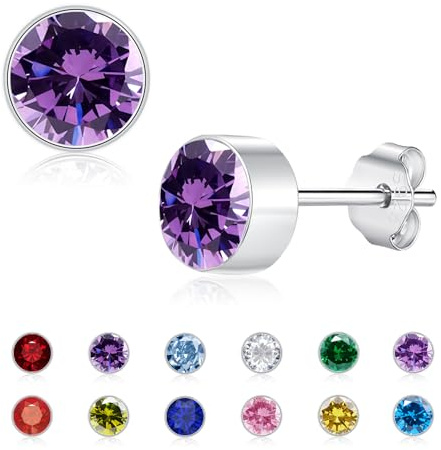 Estrellique Ohrstecker Silber 925 für Mädchen, 925 Sterling Silber Ohrringe | Hypoallergene 6mm Funkelnd Süße Ohrringe Silber 925 mit Geburtsstein Geschenke für Damen Mutter Tochter zum Geburtstag