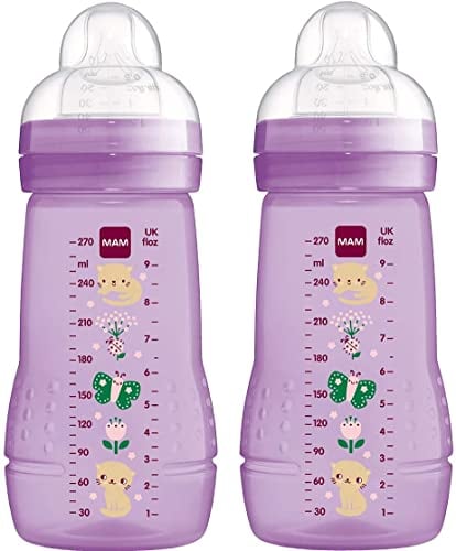 MAM Easy Active Bottles | 2 Pack (2 x 270ml) | Medium Flow MAM Teats Size 2 | Baby Accessories | Pink (Various Designs)