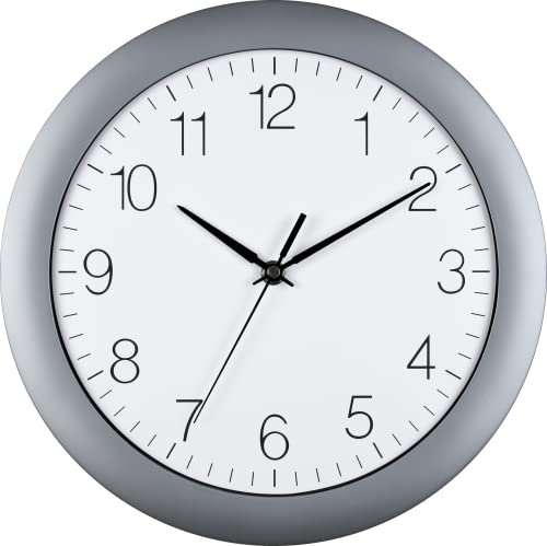 Eurotime Quarzwanduhr, 30 cm, Kunststoffgehäuse, gewölbtes Echtglas, klares Zifferblatt, Wanduhr für Küche und Wohnbereich, Silber, 88800-07