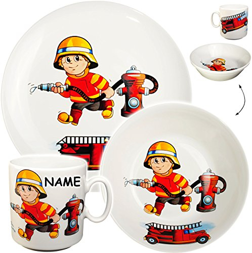 alles-meine.de GmbH 3 TLG. Geschirrset großer Teller/Kinderteller + Schüssel + Henkeltasse - Feuerwehr - Feuerwehrmann & Feuerwehrauto - inkl. Name - aus Porzellan/Kera..